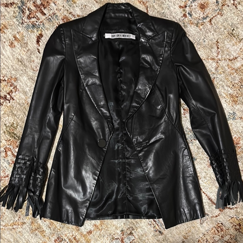 Dirk Bikkembergs black Leather Jacket with Fringe Details